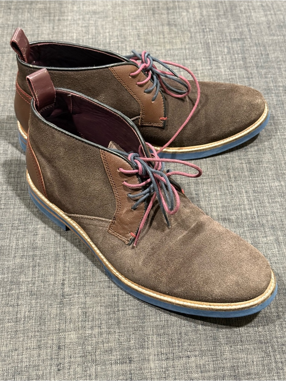 Ted Baker Men's Brown Suede Chukka Boots with Blue Sole and Pink Accents